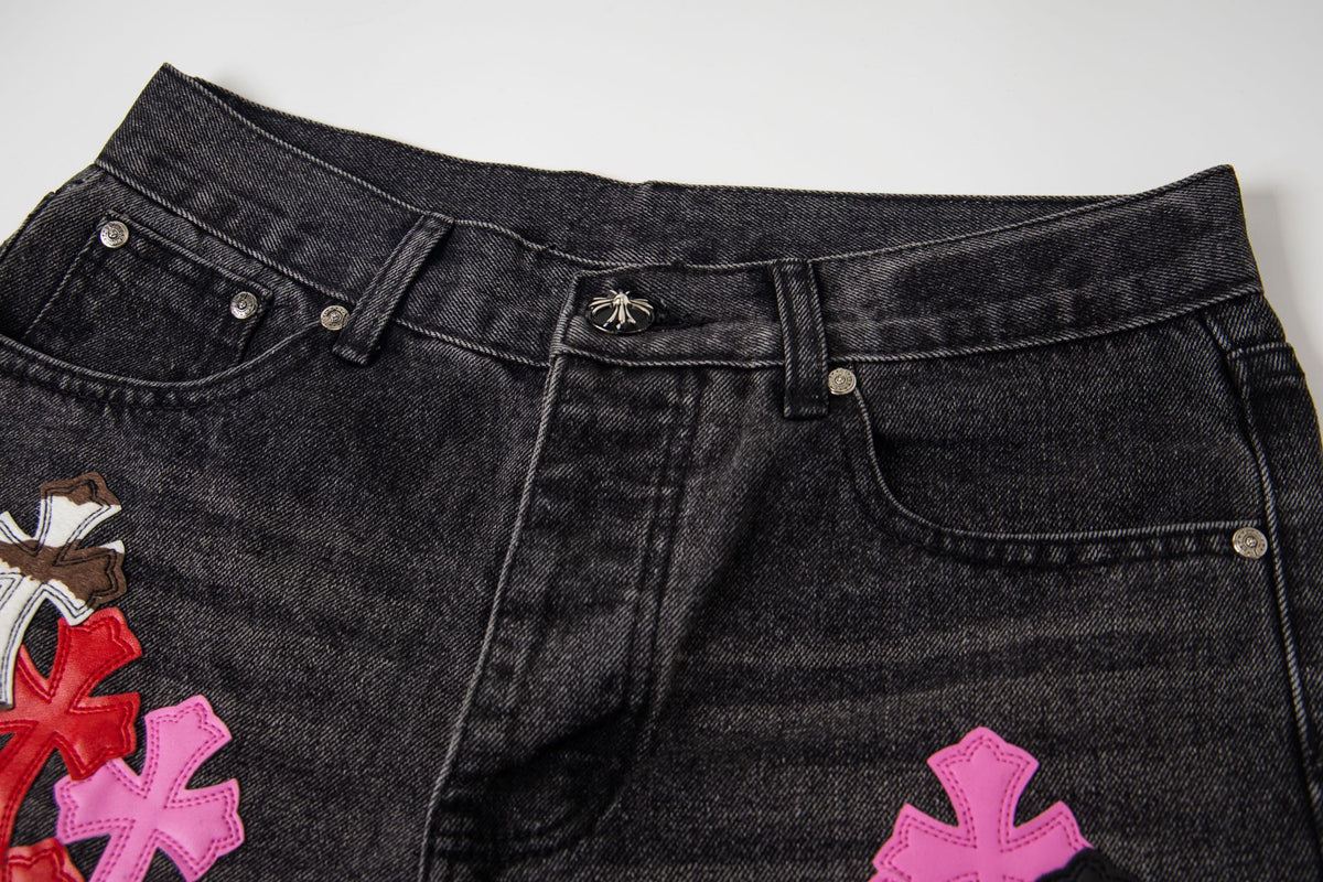 Chrome-Hearts Multi Cross Patch Denim Jeans - Grey Gothic Street Pants 1111