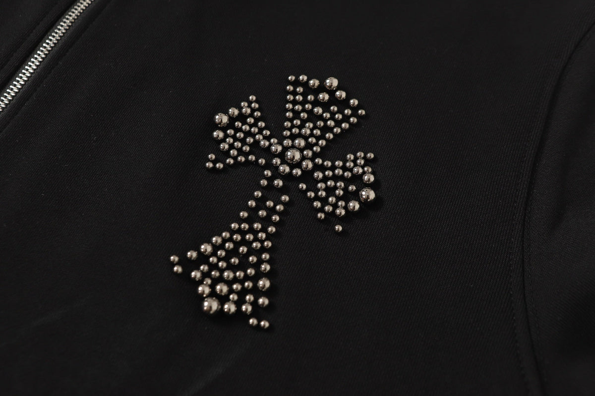Chrome-Hearts Rhinestone Cross Hoodie - Black Gothic Streetwear Sweatshirt 2633