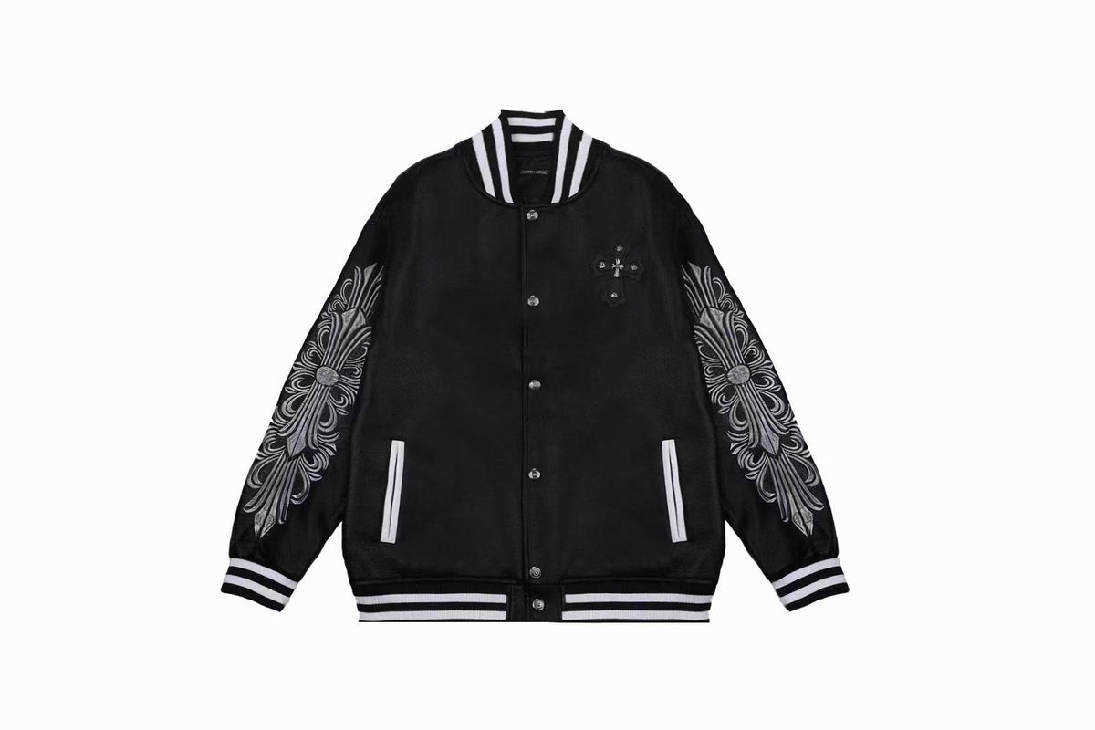 Chrome Hearts Embroidered Sleeve Varsity Jacket - Black Streetwear Coat 5577