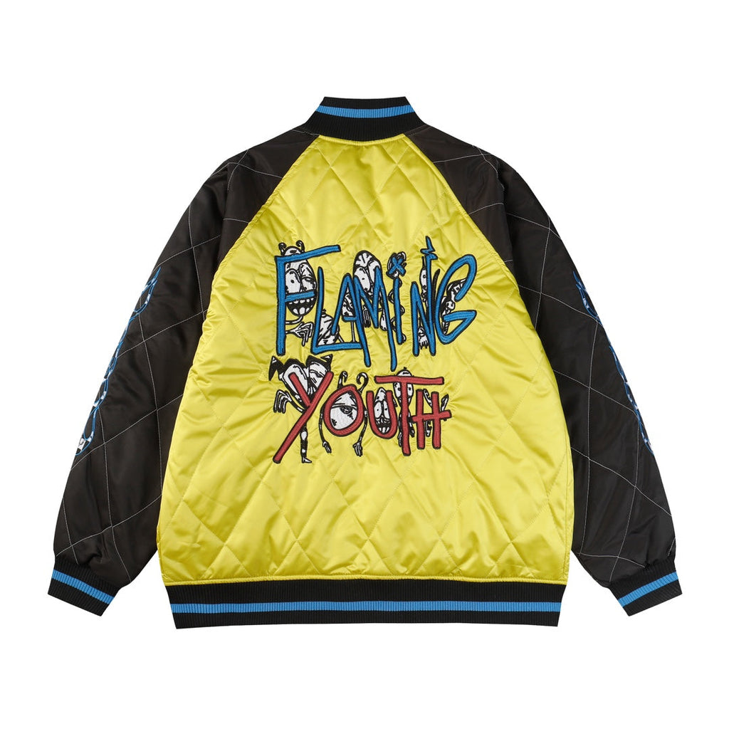 Chrome Hearts Flaming Youth Bomber Jacket - Yellow Black Graphic Street Coat D10
