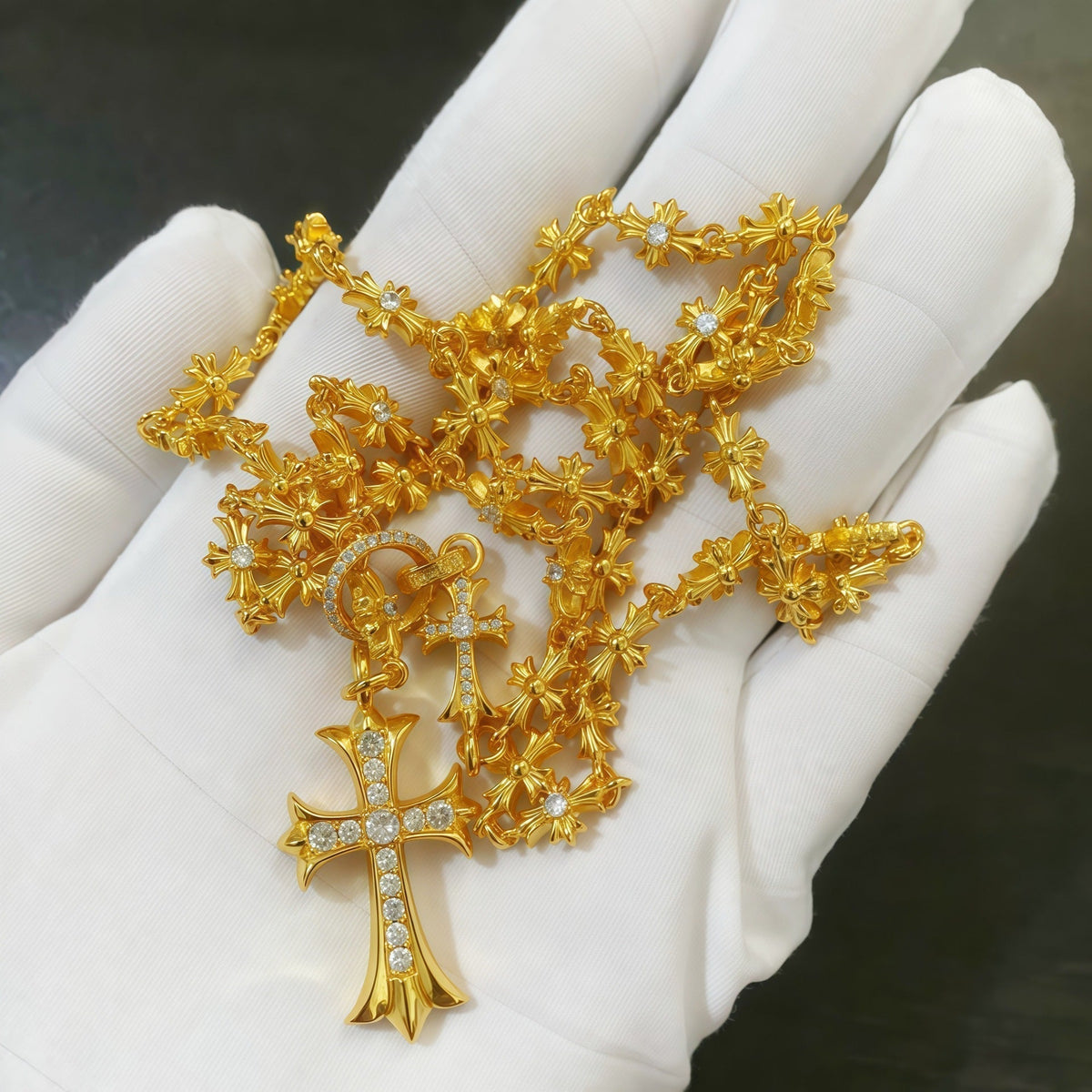 Chrome Hearts 22K gold cross diamond necklace