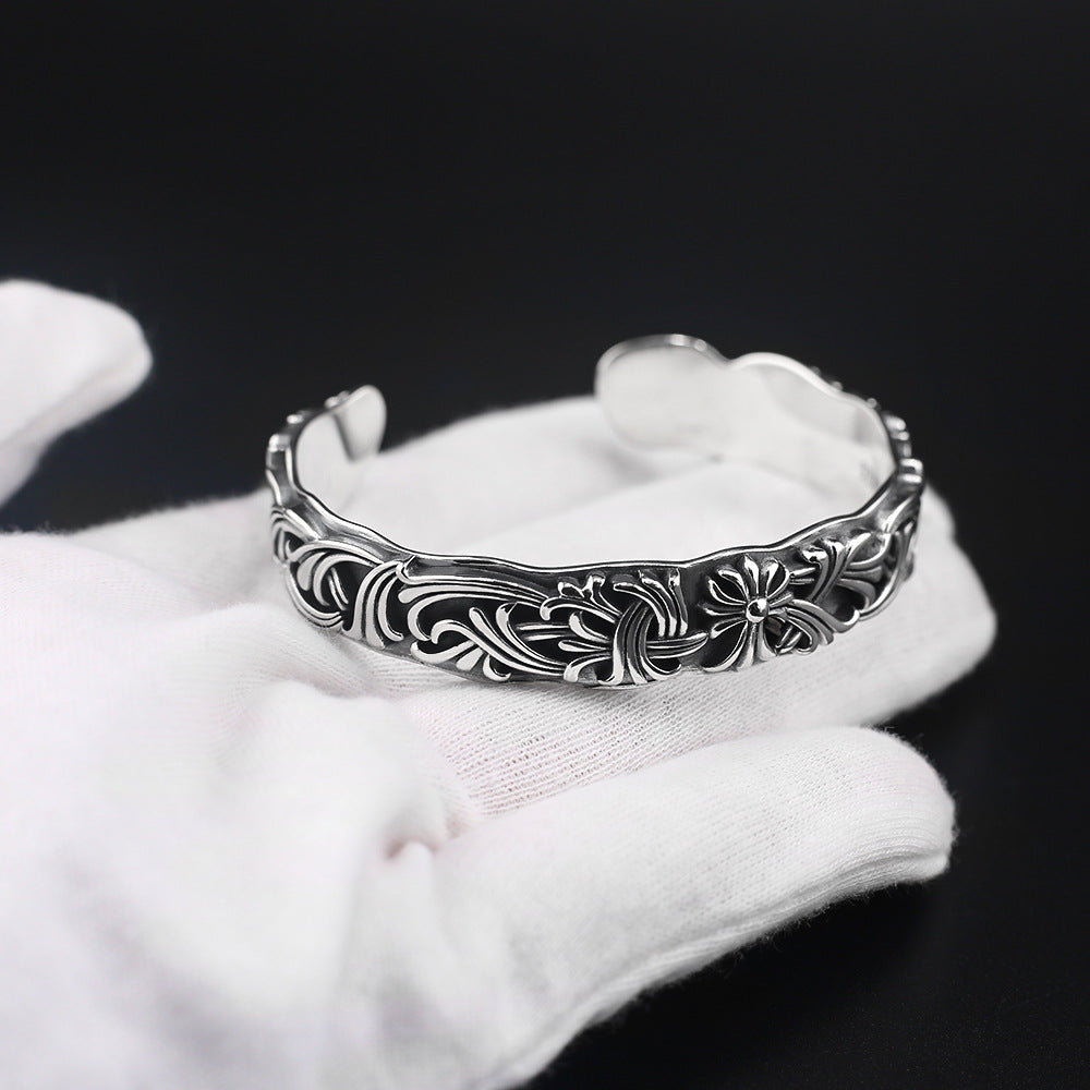 Chrome Hearts S925 Sterling Sliver Floral Cuff bracelet with intricate carvings