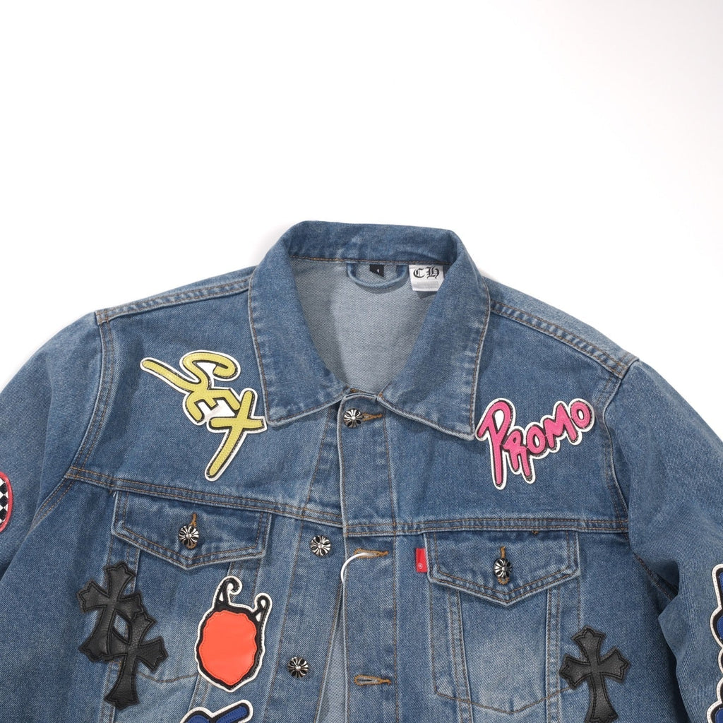 Chrome-Hearts Patchwork Denim Jacket - Vintage Blue Gothic Street Jacket 0789